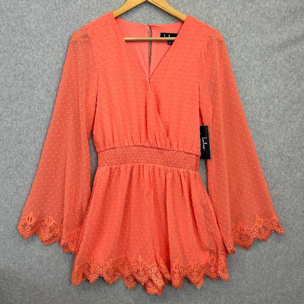 Lulus Size Small Romper Coral Swiss Dot Lace Trim Bell Sleeve Resort Boho NWT